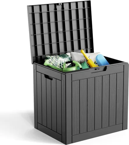 Miniatura 25 de EasyUp Caja de almacenamiento al aire libre de 30 galones, caja de resina para muebles, herramientas de jardín, cajas de almacenamiento exteriores