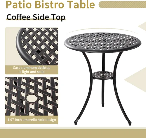 Miniatura 2 de Juego de 3 piezas de bistró para patio al aire libre, juego de mesa de bistró resistente a la oxidación con agujero para sombrilla, juego de mesa