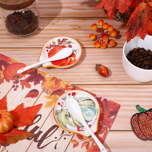Miniatura 4 de Whaline Cuchara pequeña de cerámica con acuarela, calabaza de otoño, soporte para cucharas de café para agitadores de café, cucharadita, fiesta
