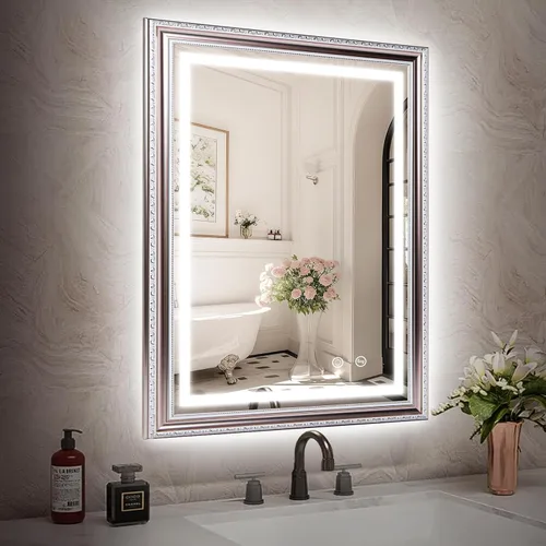 Miniatura 16 de ROLOVE Espejo antiguo negro y dorado de 23 x 33 pulgadas para pared, espejos vintage iluminados para baño con antivaho, marco impermeable, vidrio