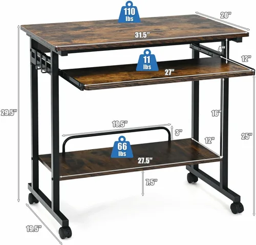 Miniatura 3 de Escritorio para computadora, mesa de estudio, escritorio de PC marrón rústico, carrito extraíble para laptop, estación de trabajo con bandeja
