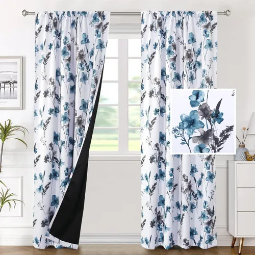 Miniatura 23 de H.VERSAILTEX Cenefas de cortina 100% opacas para ventanas de cocina, juego de 2 paneles de Cattleya con estampado floral Leah con aislamiento