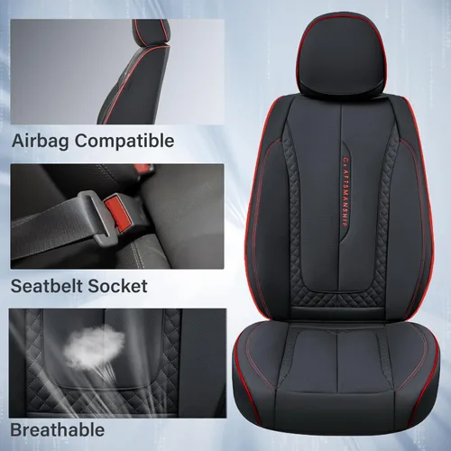 Miniatura 4 de Coverado Juego completo de fundas de asiento de automóvil, fundas rojas para asientos delanteros y traseros, de piel de napa impermeable, cojín
