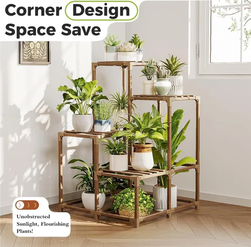 Miniatura 4 de Bamworld Soporte para plantas para interiores y exteriores, estante de esquina para plantas, soporte para 4 macetas, soporte para flores, estante