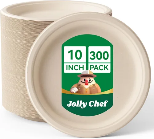 JOLLY CHEF Platos compostables resistentes de 10 pulgadas [Paquete de 300] Platos de papel desechables ecológicos hechos de bagazo biodegradables a