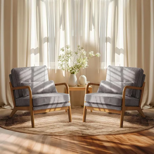 Miniatura 23 de VINGLI Juego Mejorado de 2 Sillones de Acento de Pana Premium, Sillón Tapizado con Brazos, Silla de Lectura Cómoda de Madera Maciza con Almohada