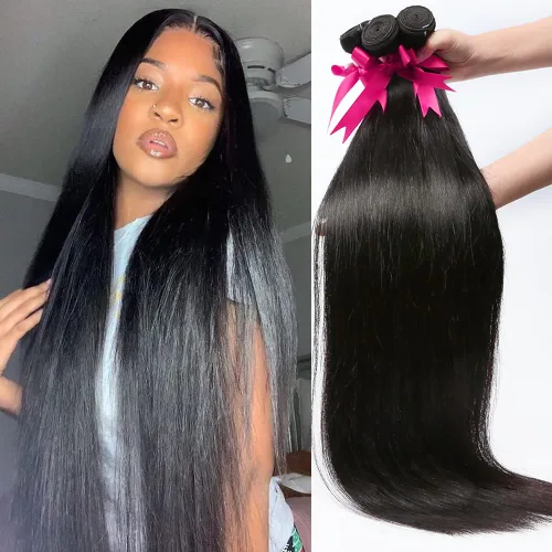 Miniatura 31 de YISEA Paquetes de cabello humano liso con cierre de encaje (12 14 16+10 cierre) Paquetes de cabello humano 3 con cierre de encaje 4x4 100%