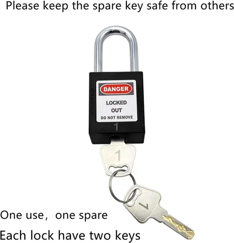 Miniatura 4 de SAFBY 50 cerraduras de bloqueo con llave con 50 etiquetas de bloqueo, candados seguros Loto para estaciones y dispositivos de bloqueo (1-50 negro)