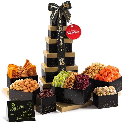 Miniatura 10 de NUT CRAVINGS - Cesta de regalo de frutas secas y nueces mixtas, torre roja + cinta de corazón (12 surtidos), arreglo de alimentos, paquete