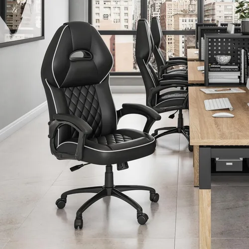 Miniatura 12 de Techni Mobili Silla ejecutiva de piel sintética con reposabrazos acolchados, silla de oficina de estilo de carreras ajustable en altura con control