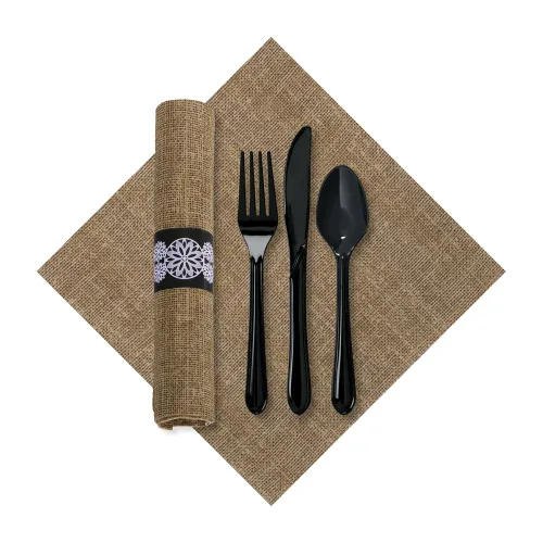 Hoffmaster 120006 FashnPoint - Servilleta de arpillera con impresión y cubiertos negros, preenrollada, 15.5 pulgadas de largo x 15.5 pulgadas de