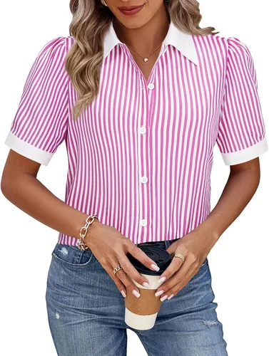 Miniatura 6 de Gleeivy Camisas de botones para mujer de manga corta abombada, camisas de vestir abotonadas con cuello ajustado, blusa superior de trabajo