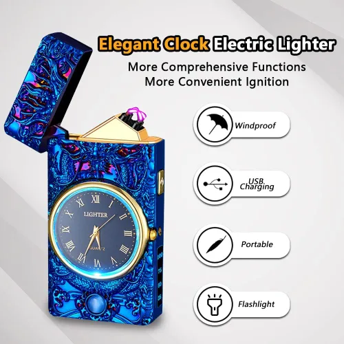 Miniatura 3 de Encendedor de dragón, encendedor de reloj, encendedor eléctrico a prueba de viento de plasma de doble arco, encendedor USB recargable con indicación