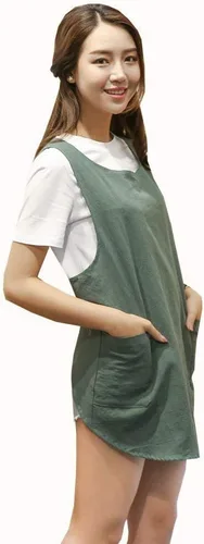 Miniatura 11 de Delantal de diseño acortado, delantal de lino de algodón suave estilo japonés con dos bolsillos laterales, delantal halter cruzado en X, ropa