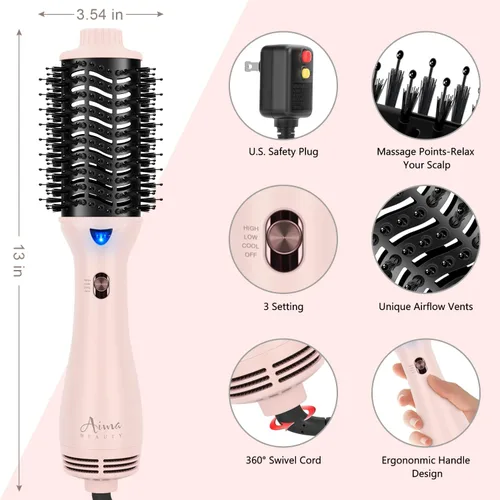 Miniatura 8 de Aima Beauty - Cepillo secador de pelo, secador de pelo de un solo paso y voluminizador con iones negativos para reducir el encrespamiento y la Rosa