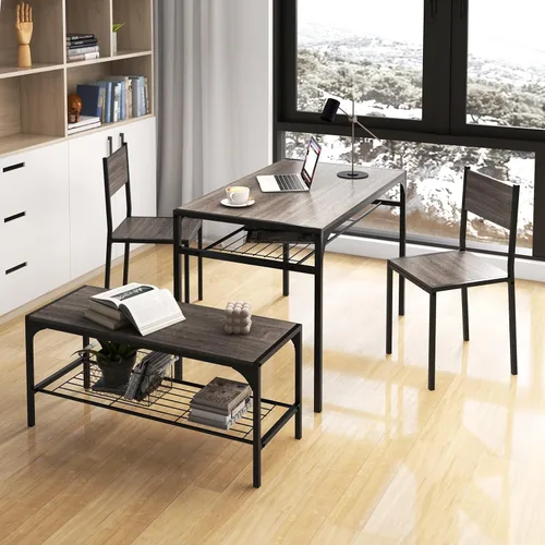 Miniatura 8 de COSTWAY Juego de mesa de comedor de 4 piezas, mesa de cocina y 2 sillas para 4 con banco, estantes de almacenamiento, marco de metal y diseño que