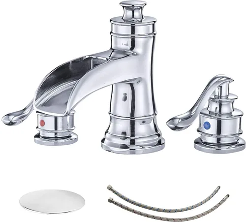 Miniatura 8 de BWE Grifo de baño generalizado de 3 agujeros, negro y dorado, 8 pulgadas, dos asas, grifo de lavabo comercial con tapón de drenaje desplegable