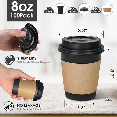 Miniatura 2 de Ginkgo Tazas de papel desechables para café de 8 onzas (paquete de 100) con tapas y mangas, resistentes al calor, a prueba de fugas, tazas de papel
