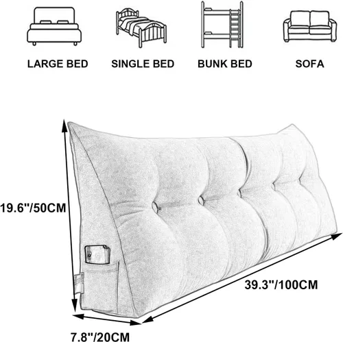 Miniatura 6 de Almohada triangular grande de cuña de lectura, cojín de cabecera para reposo en cama, almohada de forro polar para cabecero, respaldo con funda