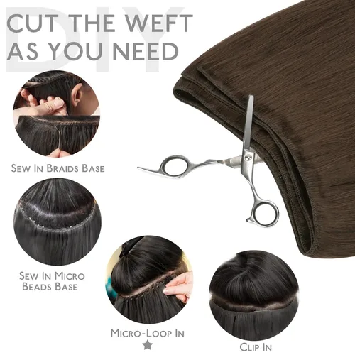 Miniatura 5 de WENNALIFE Extensiones de cabello humano real, 20 pulgadas, 3.53 onzas, color marrón chocolate, trama, cabello Remy atado a mano, extensiones
