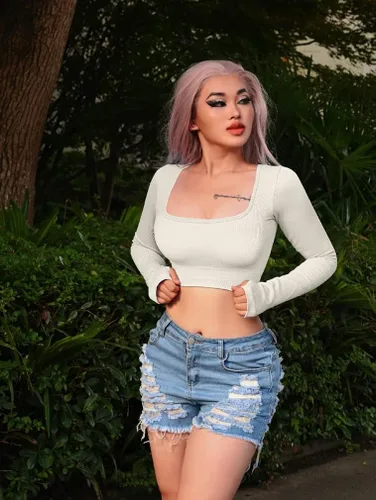 Miniatura 3 de OQQ Camiseta corta de 2 piezas para mujer acanalada sin costuras para ejercicio de manga larga