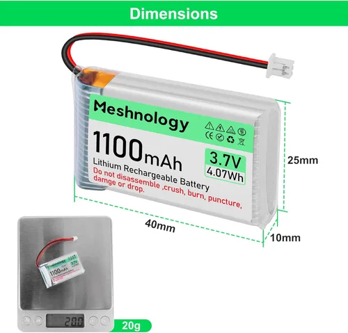 Miniatura 3 de Batería Li de 3.7 V 1100 mAh con cable de cargador USB 102540 1S LiPo batería con placa de protección, cinta de goma aislada y enchufe micro JST