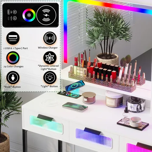 Miniatura 3 de HNEBC - Mesa de tocador RGB con espejo y luces, mesa de maquillaje con espejo LED y estación de carga USB/inalámbrica, juegos de mesa de tocador