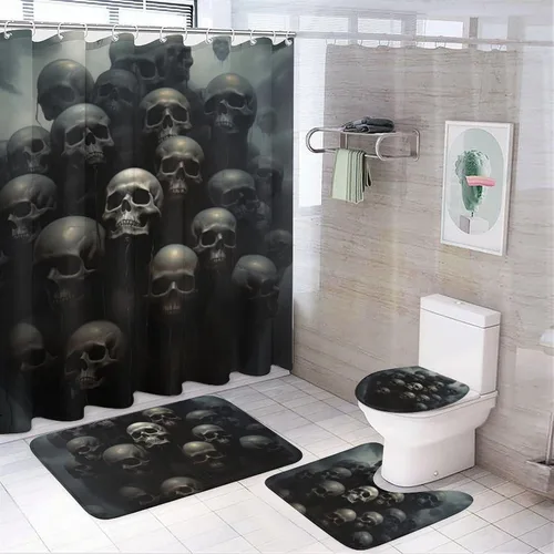 Juego de 4 cortinas de baño de calavera negra abstracta con alfombras y tapa de inodoro, diseño de esqueleto flotante vintage, impermeable, para