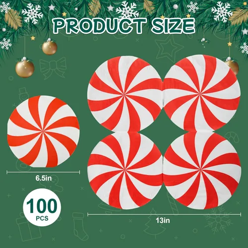 Miniatura 2 de Servilletas de papel de Navidad, 100 servilletas desechables de caramelo de menta redondas, piruletas de Navidad, decoración de vajilla, servilletas