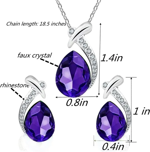 Miniatura 2 de la luen Collares de piedra natal de lágrima para mujeres y niñas, juego de aretes colgantes de diamantes de imitación ovalados con diamantes