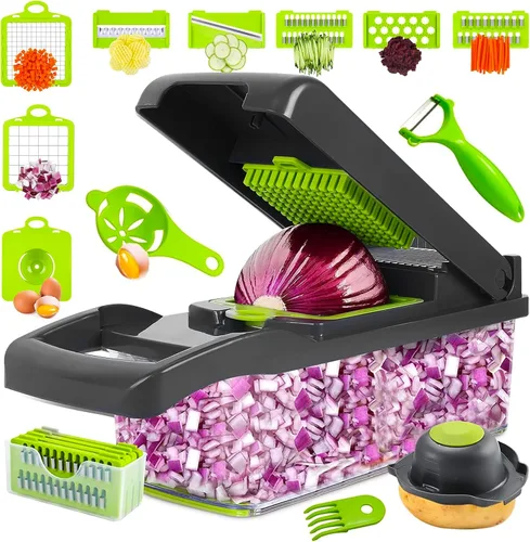 Picador de verduras 16 en 1 con contenedor, picador de verduras y picador de alimentos, cortador de cebolla y verduras con 8 cuchillas de acero Verde