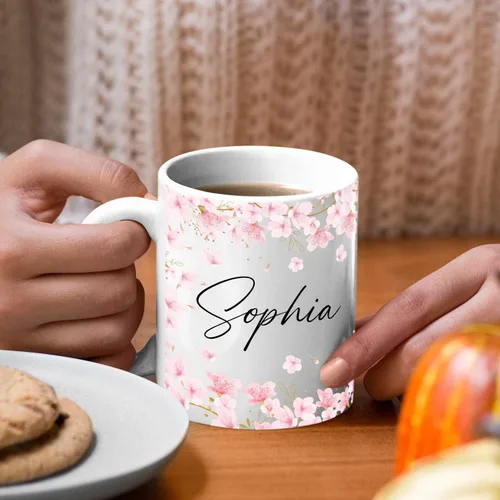 Miniatura 5 de Taza de café personalizada con nombre de flor de cerezo, taza de café blanca de flor de cerezo, taza de viaje de flor de cerezo, regalo