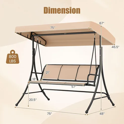 Miniatura 6 de Tangkula 3 Person Porch Swing, Patio Swing with Adjustable Canopy, Heavy-Duty Frame, Breathable Fabric, Outdoor Swing for Porch, Garden, Backyard