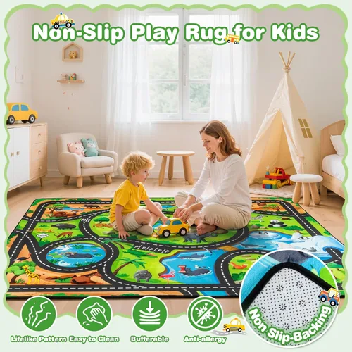 Miniatura 3 de AlfabetoAcre Alfombra para Niños, 5x7 pies Alfombras de Coches Animales para Niños, Extra Gruesa (0.4 pulgadas) - Alfombra de Carretera de Zoológico