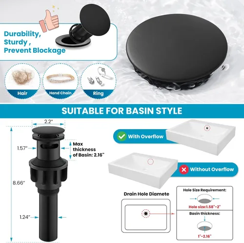 Miniatura 4 de gotonovo Grifo de lavabo de baño de un solo agujero, doble mango cruzado, pomos mezcladores para lavabo con drenaje desplegable y placa de cubierta