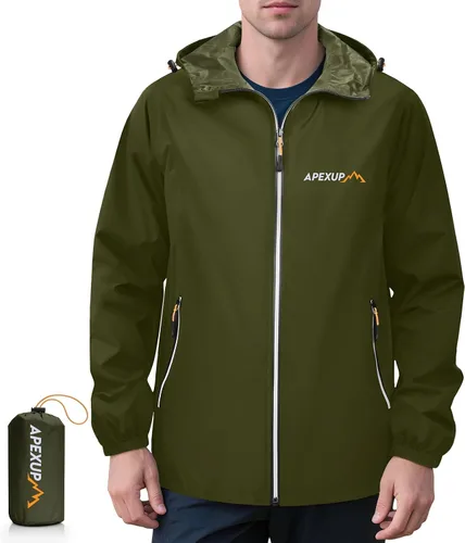 Miniatura 16 de APEXUP Chaqueta de lluvia empacable para hombre con cremallera reflectante, impermeable ligero, chaqueta de lluvia para hombre para deportes al aire