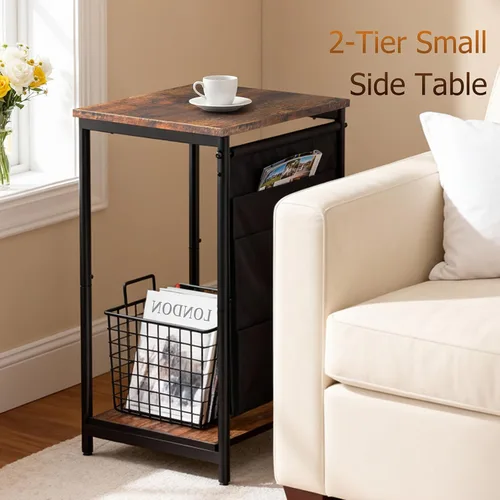 Miniatura 4 de Mesa auxiliar pequeña y estrecha, mesa auxiliar delgada con bolsillos de almacenamiento para espacios pequeños, sala de estar, dormitorio, sofá