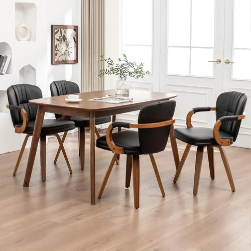 Miniatura 11 de Sillas de comedor giratorias de mediados de siglo, modernas sillas de cocina tapizadas de piel sintética negra con marco de madera curvada, sillas