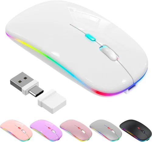 Ratón LED Bluetooth inalámbrico para MacBook Air, Mac Pro, Laptop, iPad, ratón recargable silencioso con luz, ratón jiggle óptico de doble modo