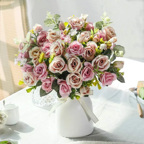 Miniatura 10 de LESING Ramos de flores artificiales de hortensias de seda con jarrón, flores falsas rústicas para decoración del hogar, centro de mesa (champán)
