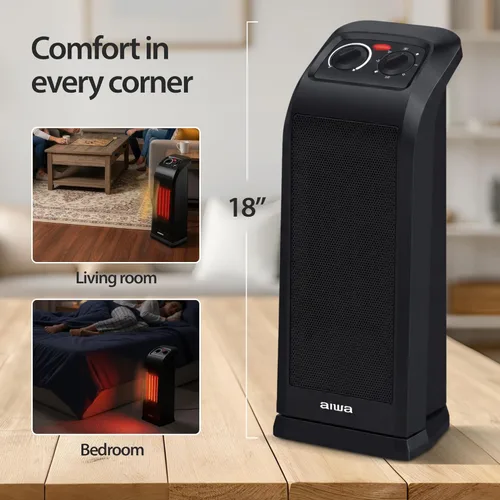 Miniatura 2 de Aiwa Calentador de espacio de cerámica, 1500 W, 18 pulgadas, calentador eléctrico oscilante de 60° para interiores, modos alto/bajo/ventilador