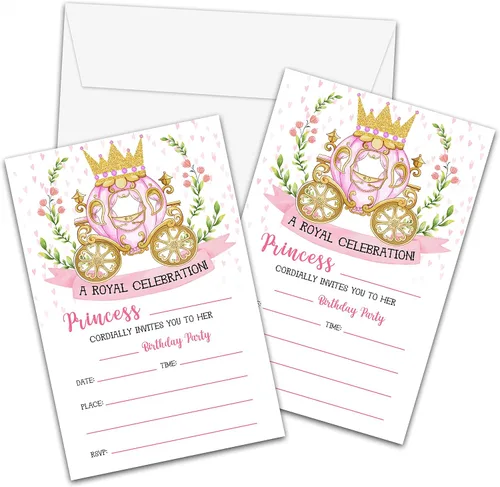 Invitaciones de cumpleaños de princesa con sobres, tarjeta de invitación de fiesta real para niñas, tarjetas de invitaciones rosadas y doradas,
