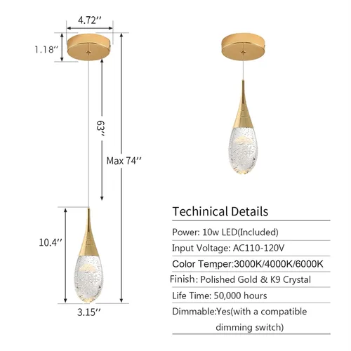Miniatura 6 de JoollySun Mini lámpara colgante de cristal: 1 luz de lágrima regulable de 3 colores (3000 K-6000 K) colgante LED para isla de cocina baño - cromo