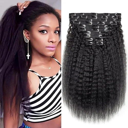 Miniatura 14 de Extensiones de cabello rizado kinky con clip para mujeres negras 14 pulgadas 2# marrón oscuro extensiones de cabello rizado con clip cabello humano
