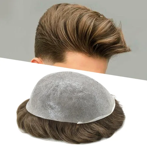 Miniatura 55 de 0.002 in ultra fina piel tupé Remy cabello humano piezas para hombres V-Looped sistema de pelo para hombre tupé pelo tupé para hombres protesis