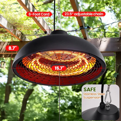 Miniatura 6 de Calentador eléctrico colgante para exteriores, calentadores infrarrojos de patio para uso en interiores y exteriores, calentador de garaje de techo
