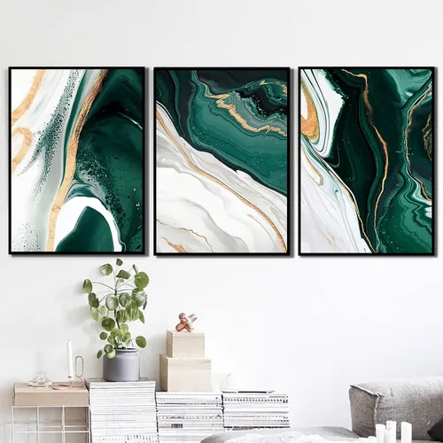 Miniatura 3 de Arte abstracto moderno de mármol verde oscuro con líneas de papel de aluminio de mármol para decoración de pared, lienzo de mármol verde abstracto