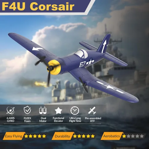 Miniatura 2 de Avión RC, avión de control remoto F4U, combate de 3 canales de 2.4 GHz con estabilizador giroscópico de 6 ejes, fácil de volar para adultos