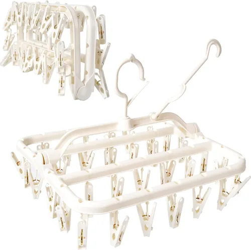 Foshine Tendedero plegable con 32 clips de secado a prueba de viento, gancho para ropa interior, clip de plástico para ropa interior para calcetines