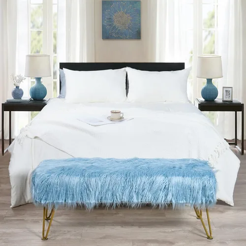 Miniatura 3 de Banco otomano de piel sintética de felpa suave azul para entrada, reposapiés peludo, 46 x 16 x 17 pulgadas, banco largo resistente para dormitorio